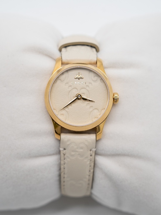 Gucci G-Timeless 27mm Gold PVD Bezel Cream Dial Watch YA126580A Leather Strap main image 5